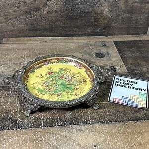 Vintage Hua Ping Tang Zhi Chinese Porcelain Bronze Footed Dish Floral Birds